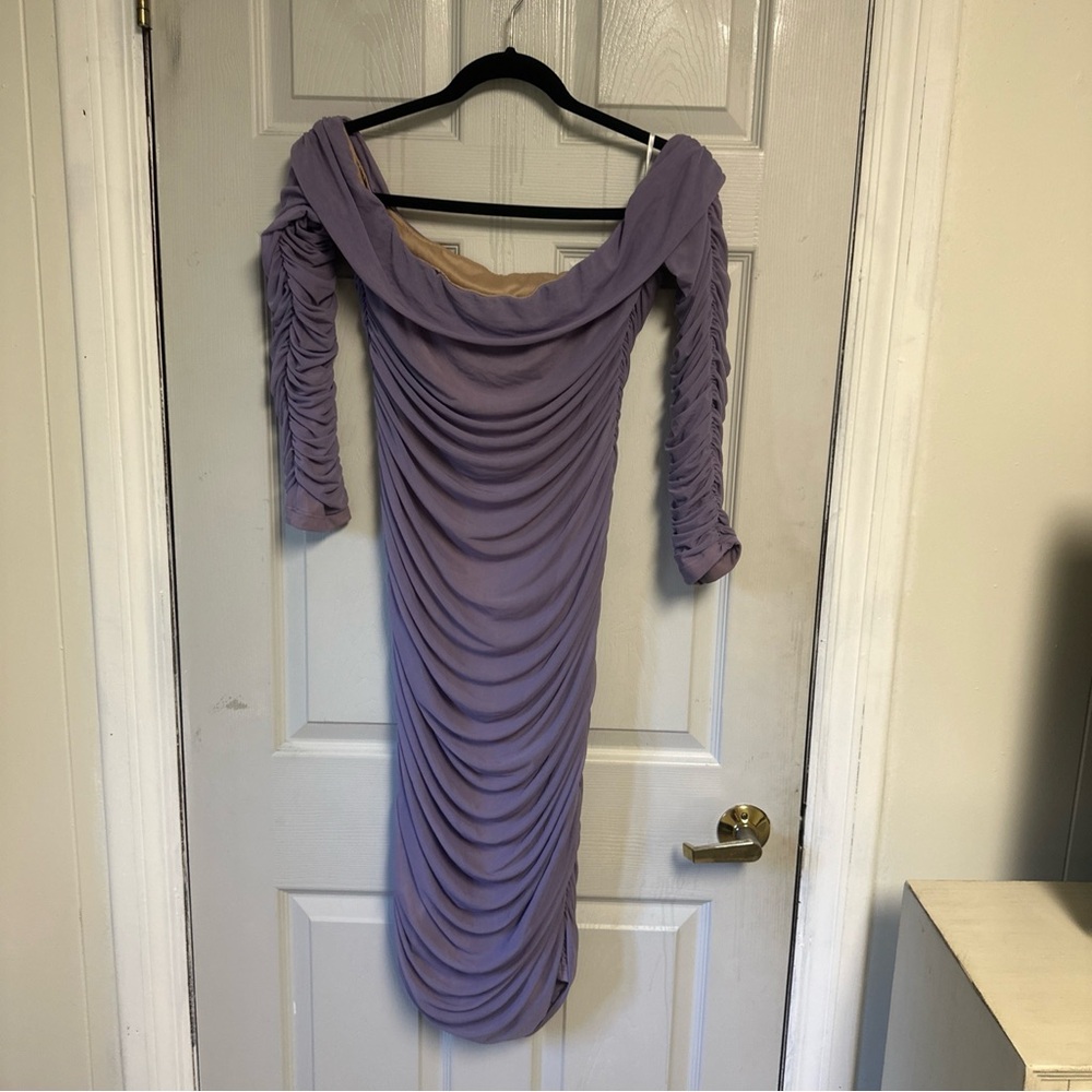 Purple Ruched Off-Shoulder Bodycon Dress